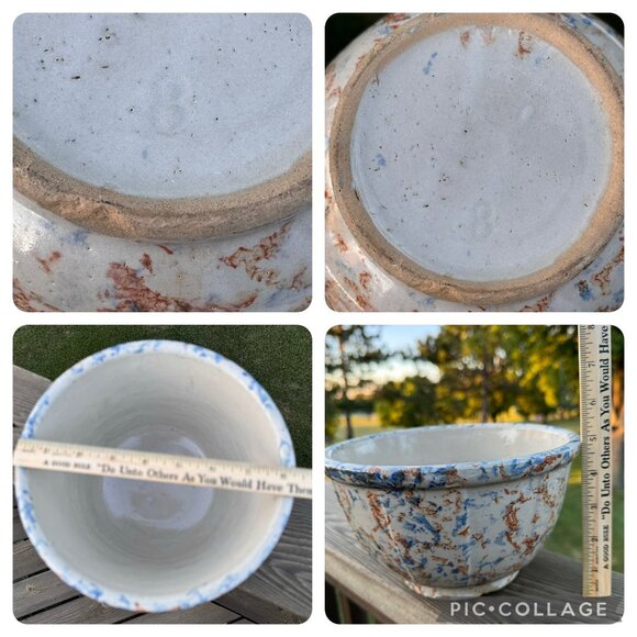 Red Wing Spongeware Stoneware Paneled Mixing Bowl 8" Rustic Blue Brown Vintage - Picture 8 of 16
